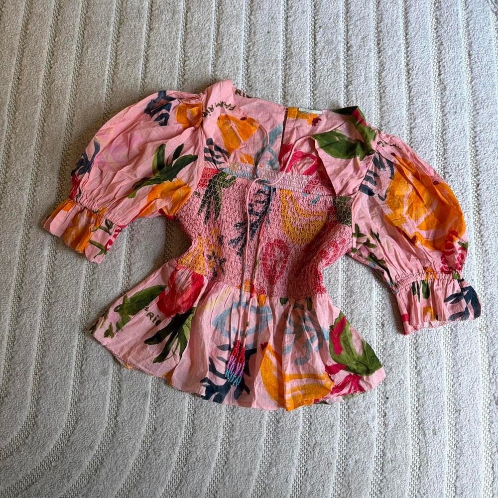 Farm Rio Mixed Fruit Smocked Bodice Blouse size Medium Boho Tropical Summer - Picture 1 of 8